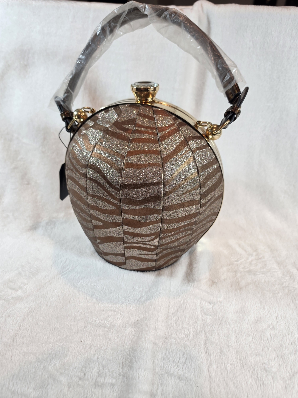 Blue Heaven Womens Zebra Glitter Round Evening Handbag Purse NWT Gold Tone